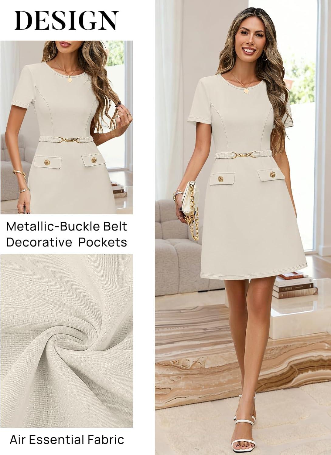 imageMEROKEETY Womens Summer Short Sleeve Mini Dress 2026 Spring Elegant Business A Line Bodycon Work Graduation Short DressApricot