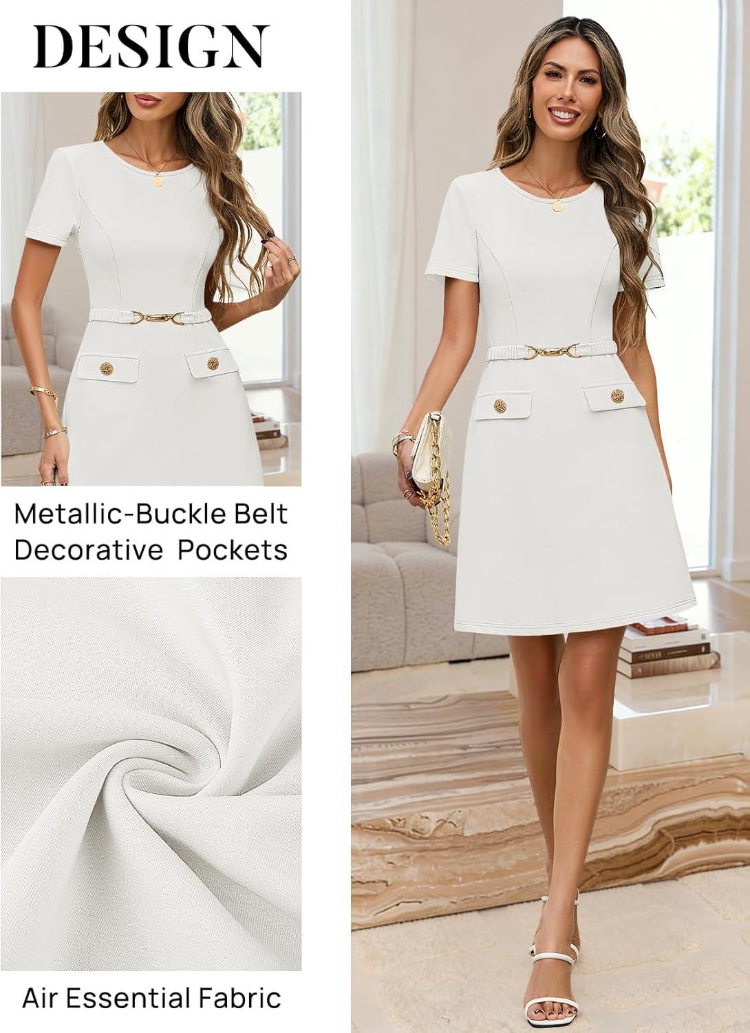 imageMEROKEETY Womens Summer Short Sleeve Mini Dress 2026 Spring Elegant Business A Line Bodycon Work Graduation Short DressWhite
