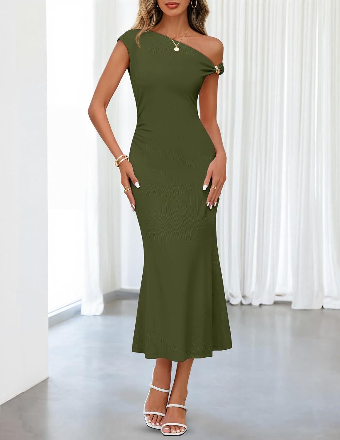 imageMEROKEETY Womens Wedding Guest One Shoulder Dresses 2026 Summer Formal Elegant Cocktail Party Midi DressArmy Green
