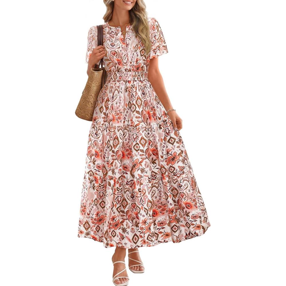 imageMEROKEETY Womens Spring Summer Floral Maxi Dresses 2026 Casual Beach Vacation Boho V Neck Short Sleeve Midi Dress PocketsBrown