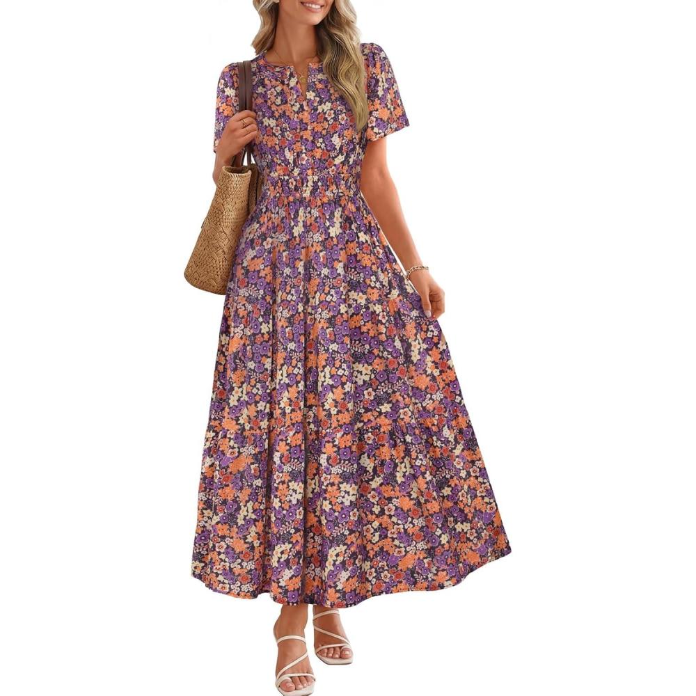 imageMEROKEETY Womens Spring Summer Floral Maxi Dresses 2026 Casual Beach Vacation Boho V Neck Short Sleeve Midi Dress PocketsPurple
