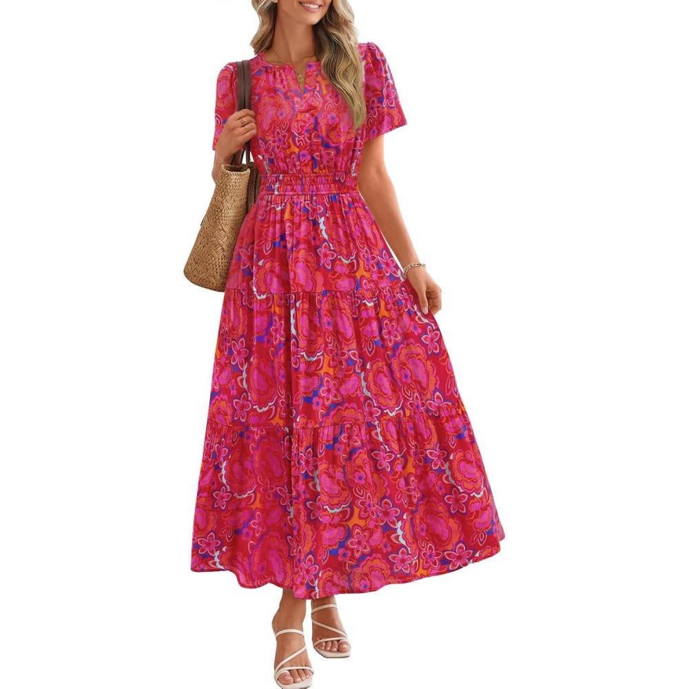 imageMEROKEETY Womens Spring Summer Floral Maxi Dresses 2026 Casual Beach Vacation Boho V Neck Short Sleeve Midi Dress PocketsRed