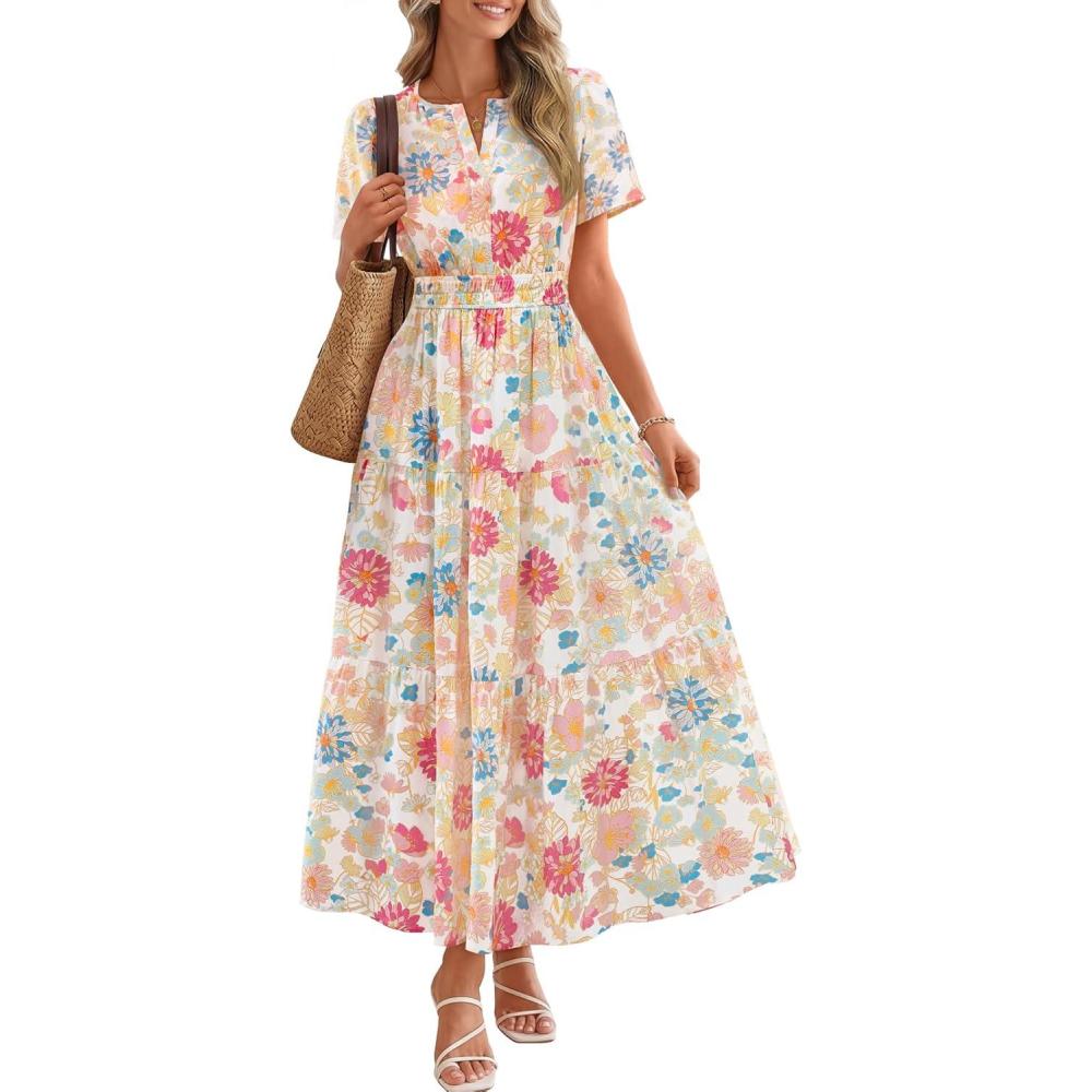 imageMEROKEETY Womens Spring Summer Floral Maxi Dresses 2026 Casual Beach Vacation Boho V Neck Short Sleeve Midi Dress PocketsWhite