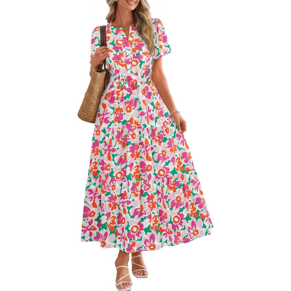 imageMEROKEETY Womens Spring Summer Floral Maxi Dresses 2026 Casual Beach Vacation Boho V Neck Short Sleeve Midi Dress PocketsWhite Rose