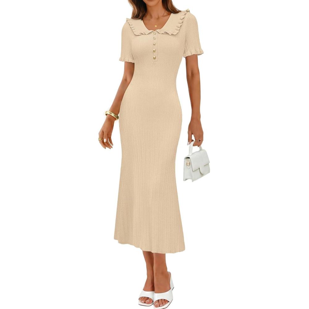 imageMEROKEETY Womens Spring Summer Ribbed Midi Dress 2026 Bodycon Ruffled Short Sleeve V Neck Button Elegant Knit Sweater DressesApricot