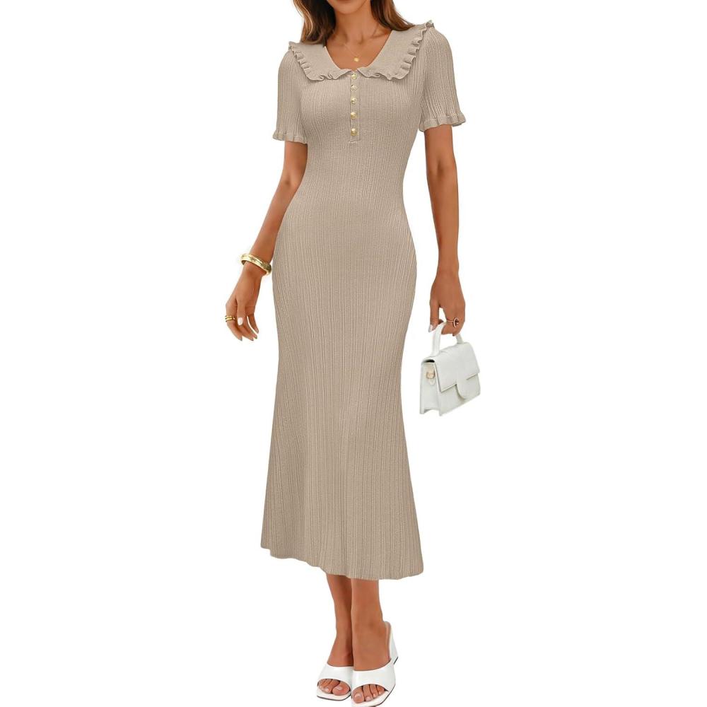 imageMEROKEETY Womens Spring Summer Ribbed Midi Dress 2026 Bodycon Ruffled Short Sleeve V Neck Button Elegant Knit Sweater DressesKhaki