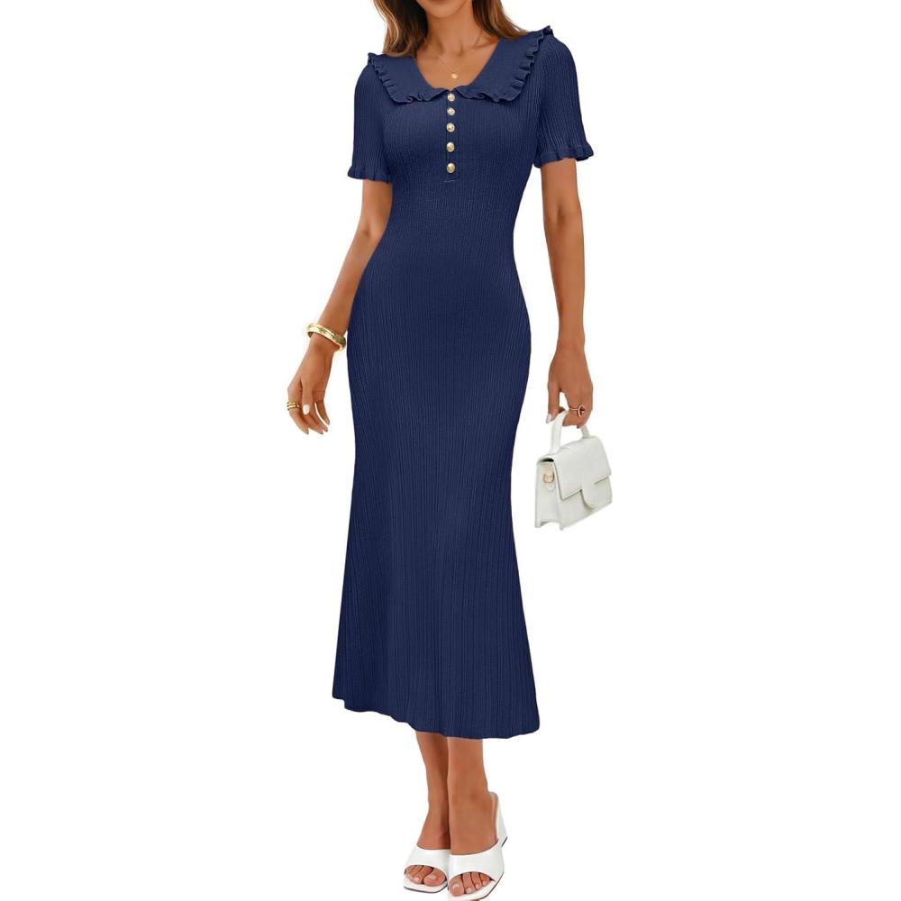 imageMEROKEETY Womens Spring Summer Ribbed Midi Dress 2026 Bodycon Ruffled Short Sleeve V Neck Button Elegant Knit Sweater DressesNavy