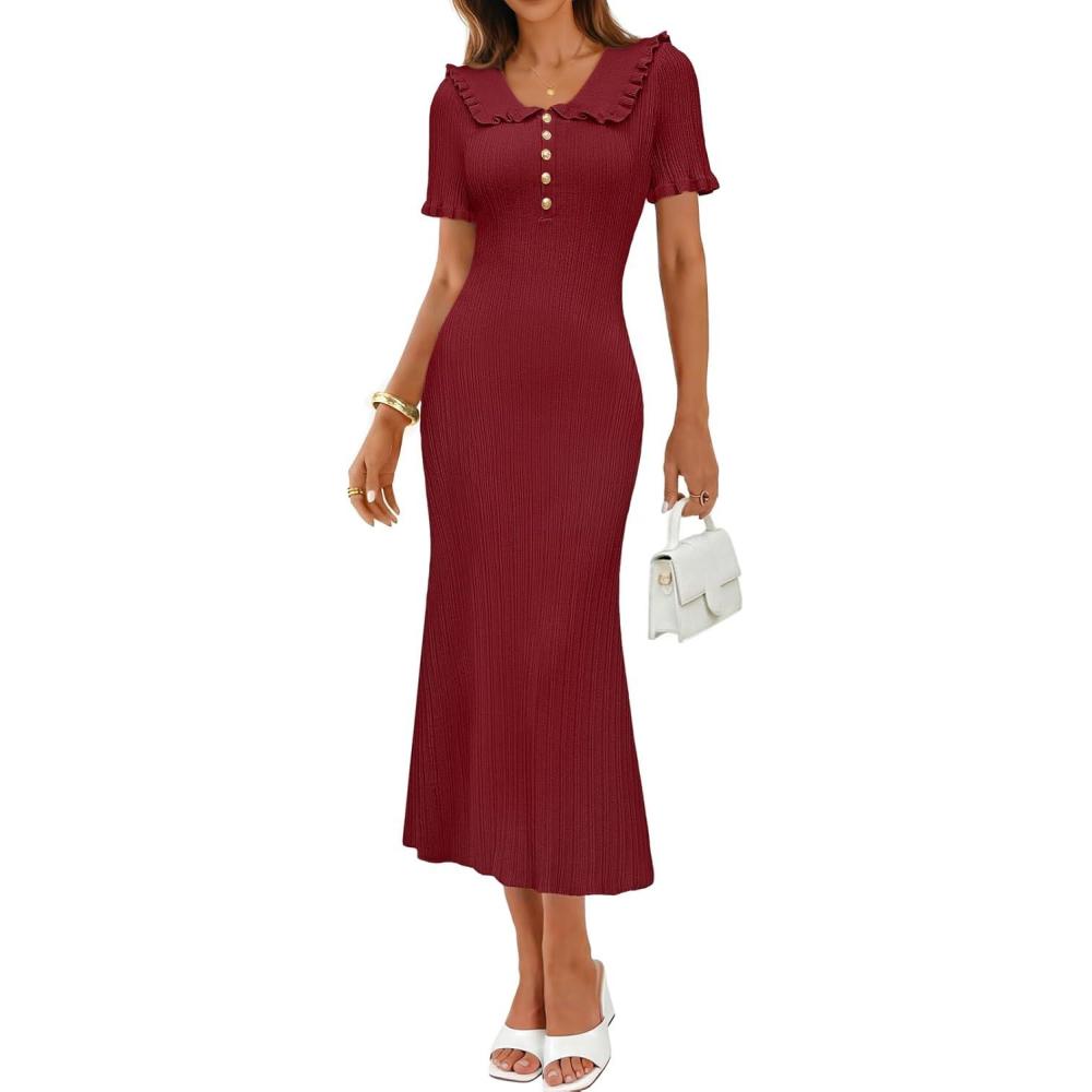 imageMEROKEETY Womens Spring Summer Ribbed Midi Dress 2026 Bodycon Ruffled Short Sleeve V Neck Button Elegant Knit Sweater DressesWine