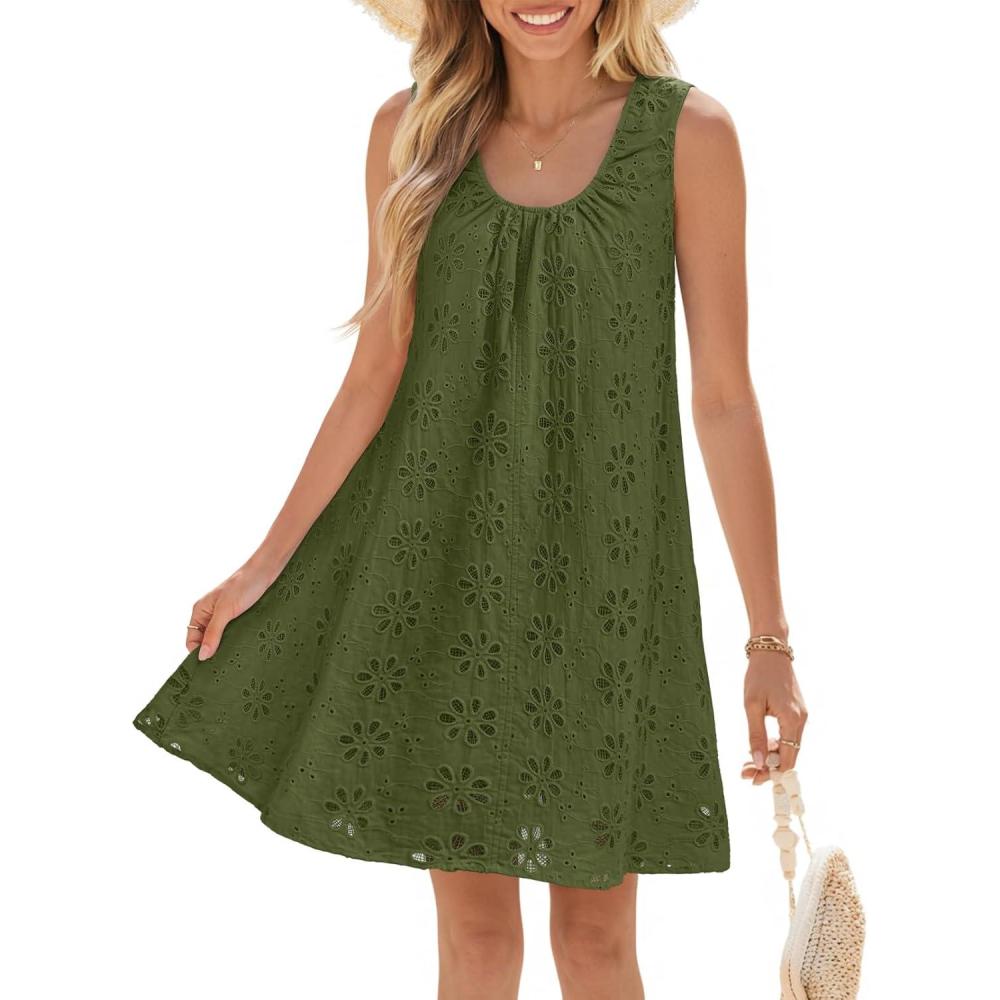 imageMEROKEETY Womens Summer Boho Mini Dress 2026 Sleeveless Eyelet Embroidered Floral Flowy A Line Beach Vacation Short DressesArmy Green