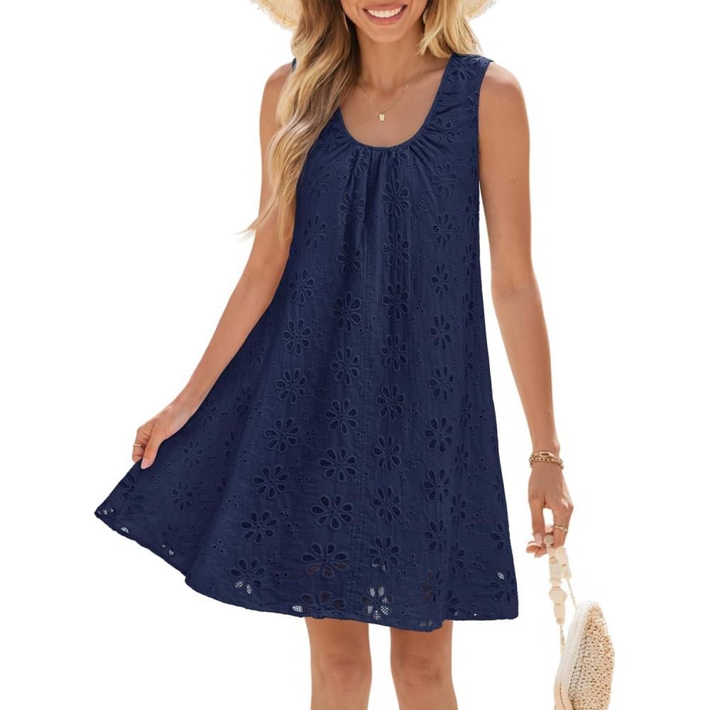 imageMEROKEETY Womens Summer Boho Mini Dress 2026 Sleeveless Eyelet Embroidered Floral Flowy A Line Beach Vacation Short DressesNavy