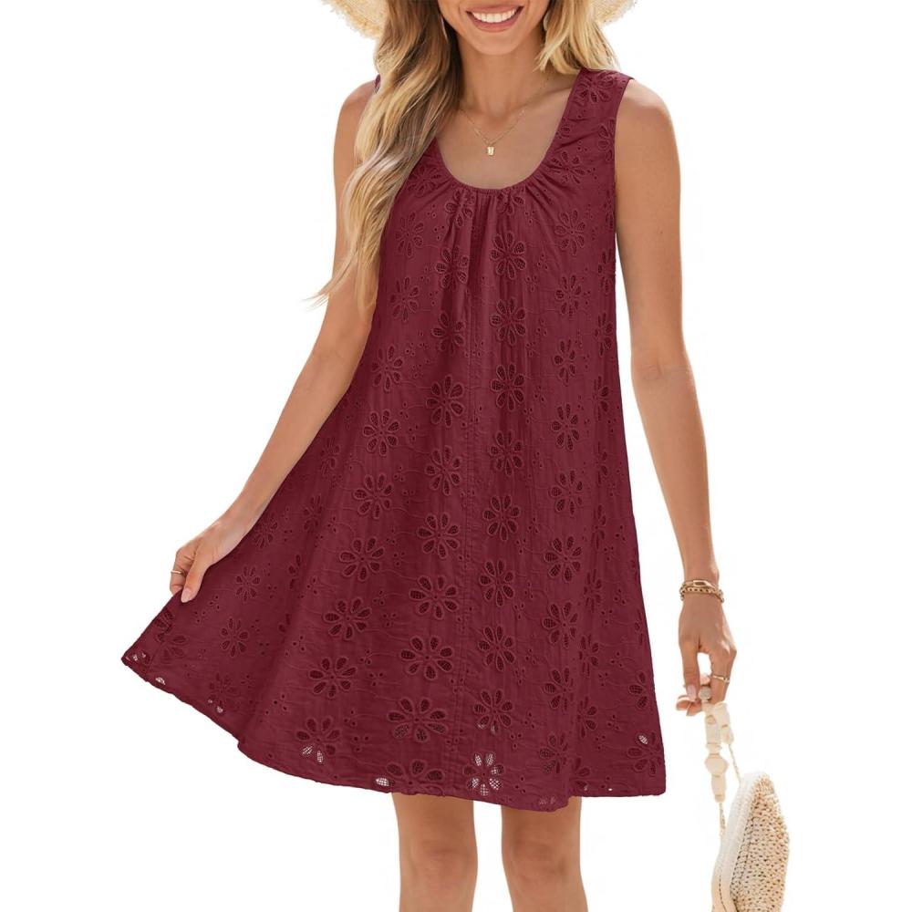imageMEROKEETY Womens Summer Boho Mini Dress 2026 Sleeveless Eyelet Embroidered Floral Flowy A Line Beach Vacation Short DressesWine
