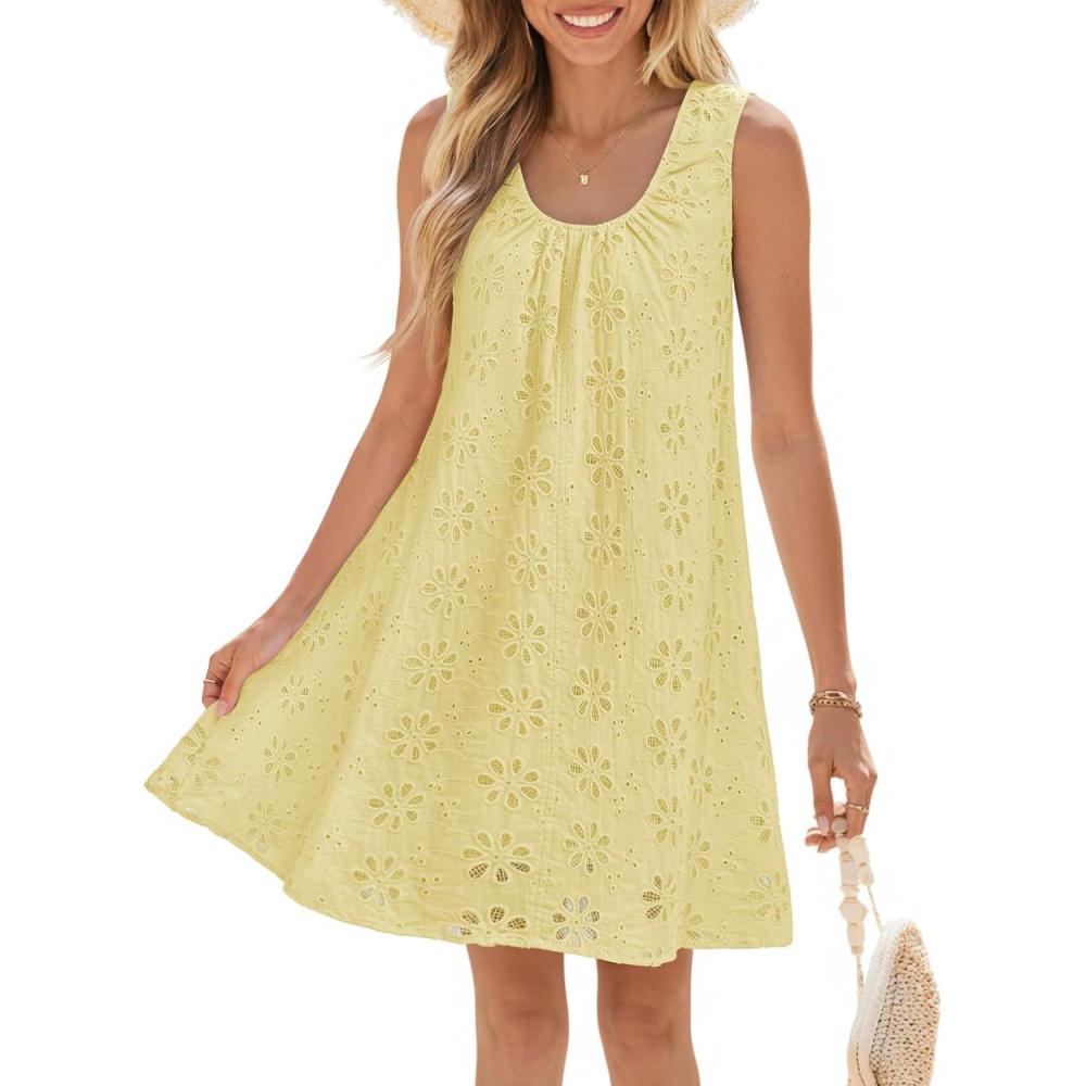imageMEROKEETY Womens Summer Boho Mini Dress 2026 Sleeveless Eyelet Embroidered Floral Flowy A Line Beach Vacation Short DressesYellow