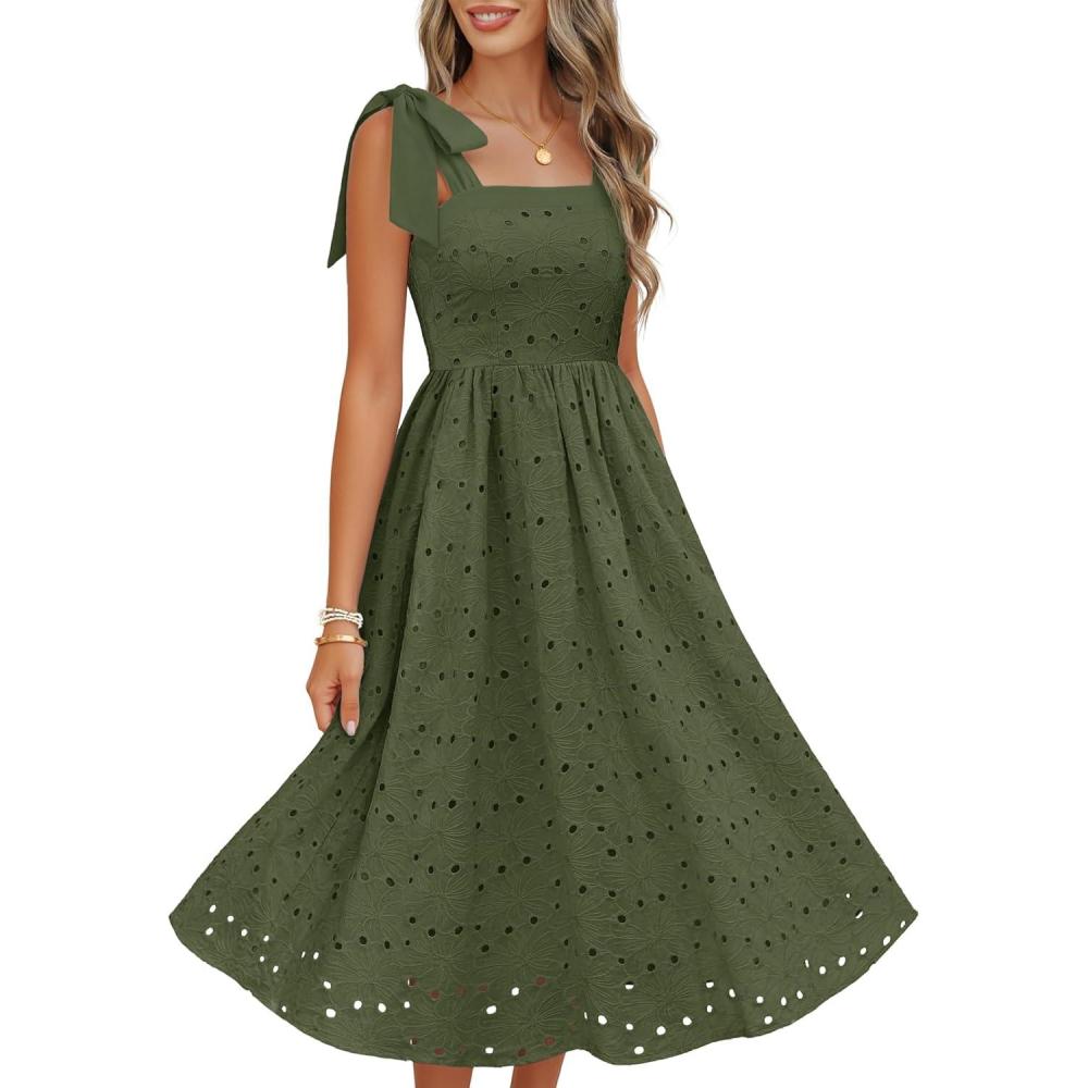 imageMEROKEETY Womens Summer Midi Dress 2026 Elegant Square Neck Sleeveless Flowy A Line Casual Beach Vacation SundressArmygreen