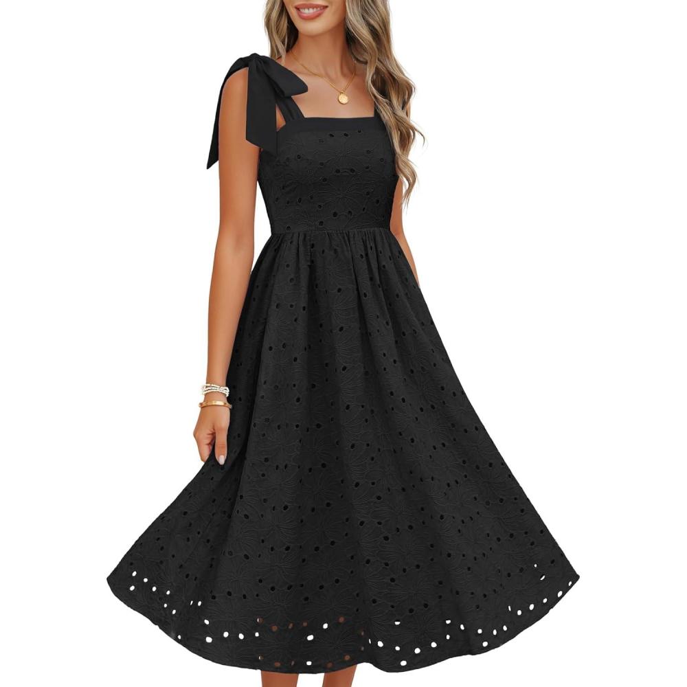 imageMEROKEETY Womens Summer Midi Dress 2026 Elegant Square Neck Sleeveless Flowy A Line Casual Beach Vacation SundressBlack