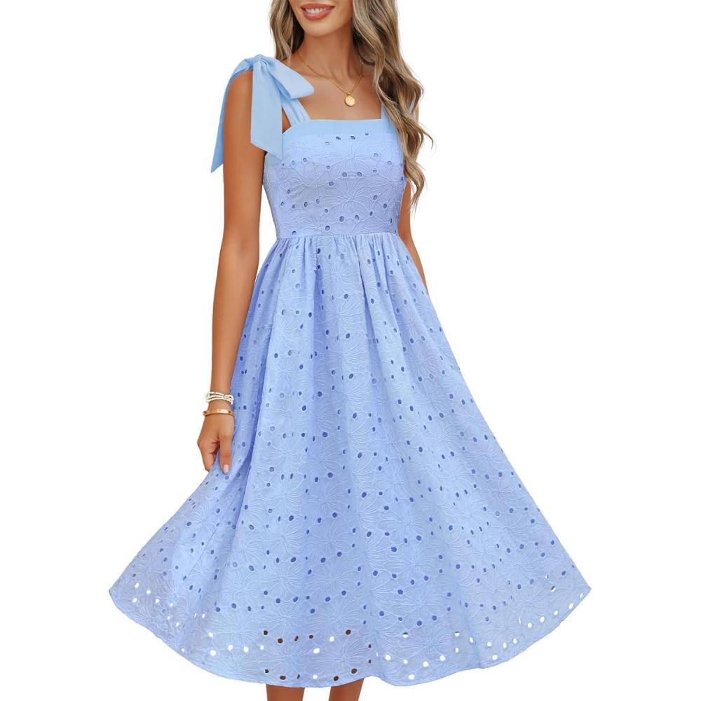 imageMEROKEETY Womens Summer Midi Dress 2026 Elegant Square Neck Sleeveless Flowy A Line Casual Beach Vacation SundressBlue