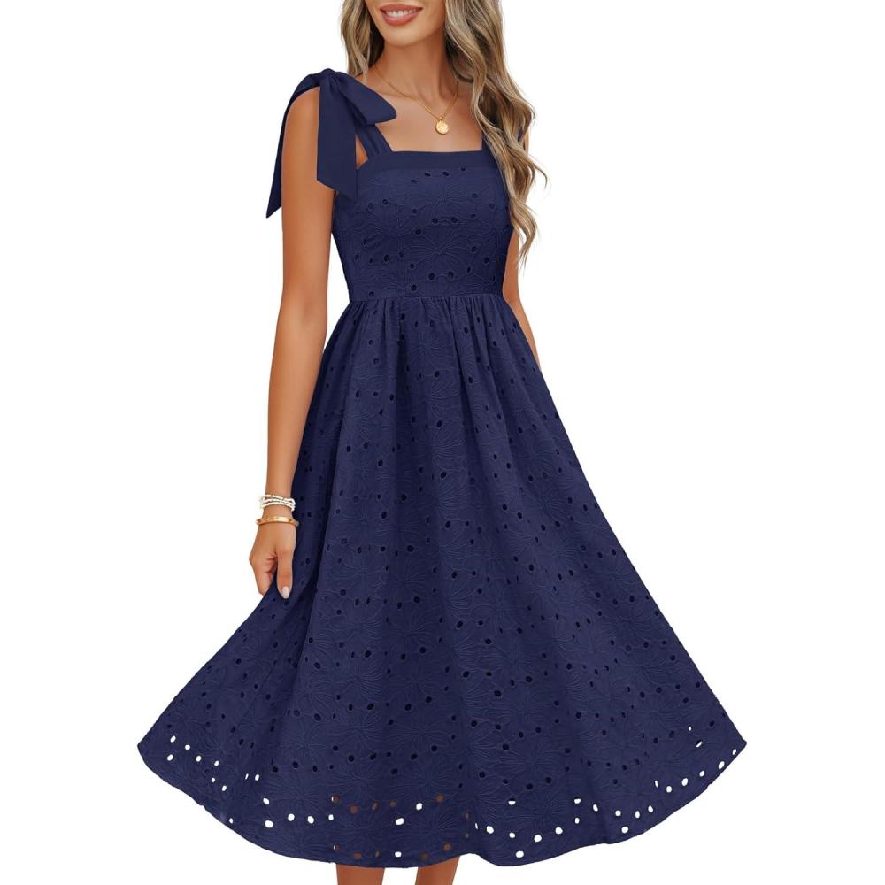 imageMEROKEETY Womens Summer Midi Dress 2026 Elegant Square Neck Sleeveless Flowy A Line Casual Beach Vacation SundressNavy
