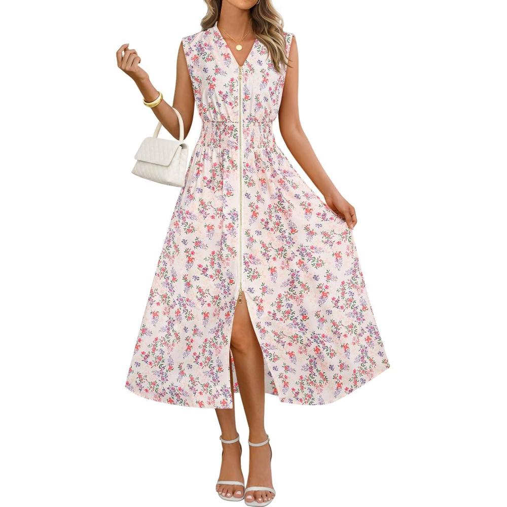 imageMEROKEETY Womens Summer Sleeveless Floral Maxi Dress 2026 Boho Casual Flowy Zipper V Neck Split Beach DressesApricot