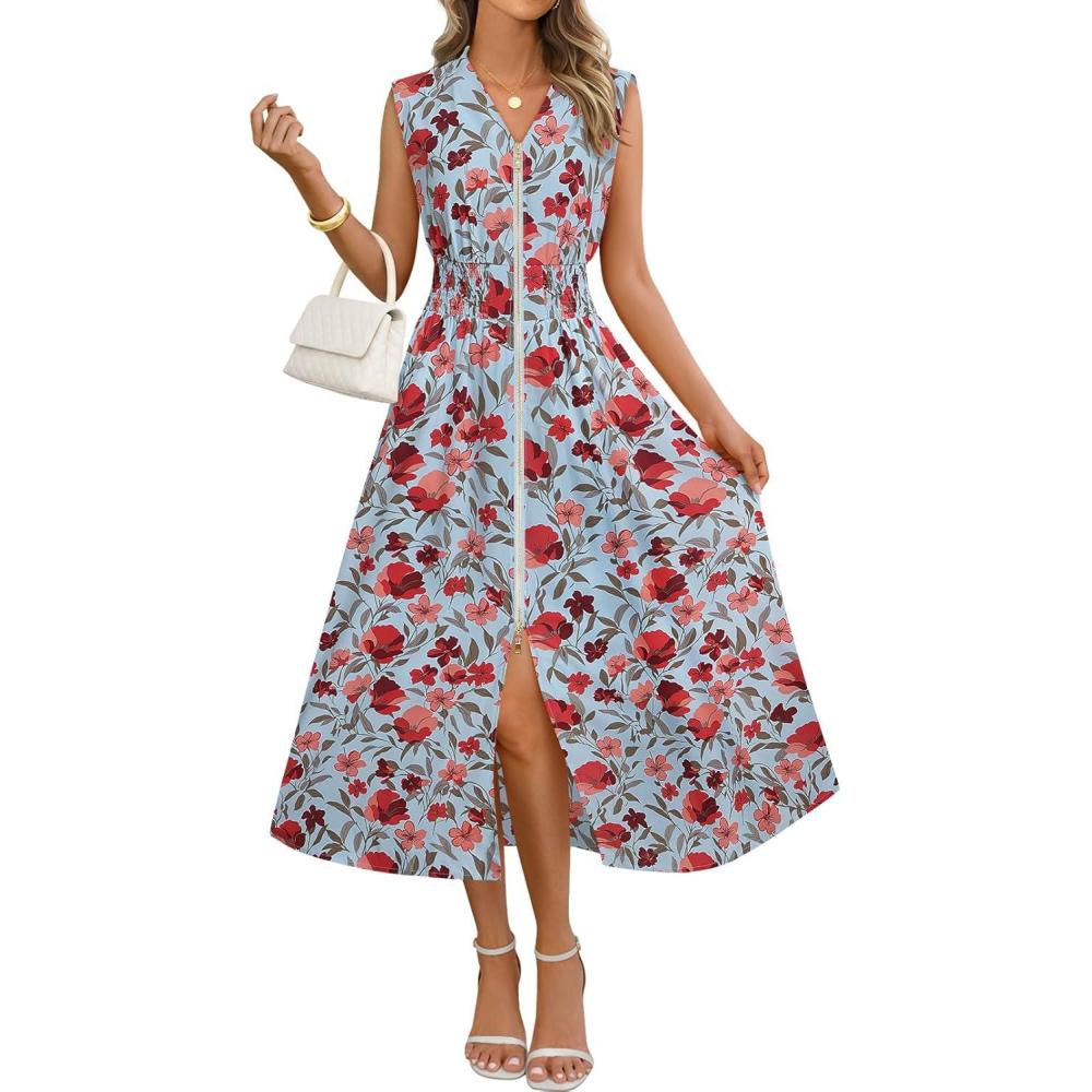 imageMEROKEETY Womens Summer Sleeveless Floral Maxi Dress 2026 Boho Casual Flowy Zipper V Neck Split Beach DressesBluered