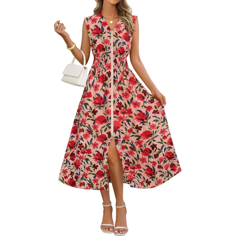 imageMEROKEETY Womens Summer Sleeveless Floral Maxi Dress 2026 Boho Casual Flowy Zipper V Neck Split Beach DressesDustypink