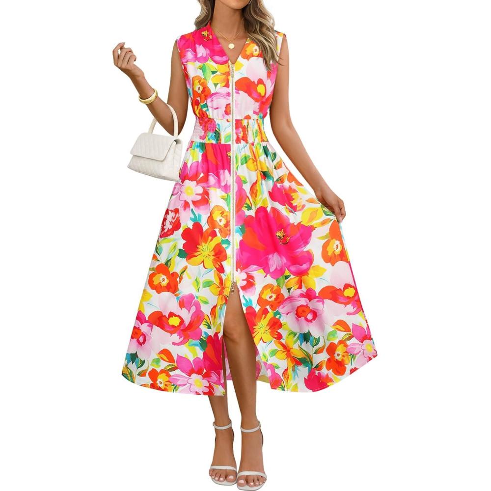 imageMEROKEETY Womens Summer Sleeveless Floral Maxi Dress 2026 Boho Casual Flowy Zipper V Neck Split Beach DressesOrangerose
