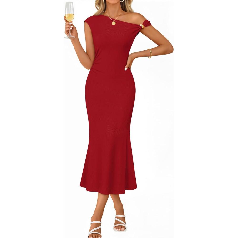 imageMEROKEETY Womens Wedding Guest One Shoulder Dresses 2026 Summer Formal Elegant Cocktail Party Midi DressRed