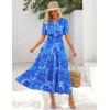 MEROKEETY Women’s Spring Summer Floral Maxi Dresses 2026 Casual Beach Vacation Boho V Neck Short Sleeve Midi Dress Pockets(Blue)