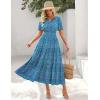 MEROKEETY Women’s Spring Summer Floral Maxi Dresses 2026 Casual Beach Vacation Boho V Neck Short Sleeve Midi Dress Pockets(Blue Green)
