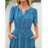 MEROKEETY Women’s Spring Summer Floral Maxi Dresses 2026 Casual Beach Vacation Boho V Neck Short Sleeve Midi Dress Pockets(Blue Green)
