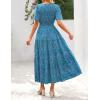 MEROKEETY Women’s Spring Summer Floral Maxi Dresses 2026 Casual Beach Vacation Boho V Neck Short Sleeve Midi Dress Pockets(Blue Green)