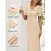 MEROKEETY Womens Spring Summer Ribbed Midi Dress 2026 Bodycon Ruffled Short Sleeve V Neck Button Elegant Knit Sweater Dresses(Apricot)