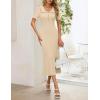 MEROKEETY Womens Spring Summer Ribbed Midi Dress 2026 Bodycon Ruffled Short Sleeve V Neck Button Elegant Knit Sweater Dresses(Apricot)