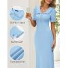 MEROKEETY Womens Spring Summer Ribbed Midi Dress 2026 Bodycon Ruffled Short Sleeve V Neck Button Elegant Knit Sweater Dresses(Blue)