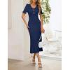 MEROKEETY Womens Spring Summer Ribbed Midi Dress 2026 Bodycon Ruffled Short Sleeve V Neck Button Elegant Knit Sweater Dresses(Navy)