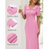 MEROKEETY Womens Spring Summer Ribbed Midi Dress 2026 Bodycon Ruffled Short Sleeve V Neck Button Elegant Knit Sweater Dresses(Pink)