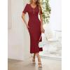 MEROKEETY Womens Spring Summer Ribbed Midi Dress 2026 Bodycon Ruffled Short Sleeve V Neck Button Elegant Knit Sweater Dresses(Wine)