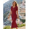 MEROKEETY Womens Spring Summer Ribbed Midi Dress 2026 Bodycon Ruffled Short Sleeve V Neck Button Elegant Knit Sweater Dresses(Wine)