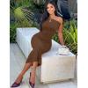 MEROKEETY Women’s Wedding Guest One Shoulder Dresses 2026 Summer Formal Elegant Cocktail Party Midi Dress(Brown)