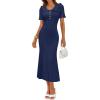 MEROKEETY Womens Spring Summer Ribbed Midi Dress 2026 Bodycon Ruffled Short Sleeve V Neck Button Elegant Knit Sweater Dresses(Navy)