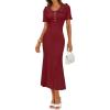 MEROKEETY Womens Spring Summer Ribbed Midi Dress 2026 Bodycon Ruffled Short Sleeve V Neck Button Elegant Knit Sweater Dresses(Wine)