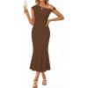 MEROKEETY Women’s Wedding Guest One Shoulder Dresses 2026 Summer Formal Elegant Cocktail Party Midi Dress(Brown)