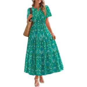 MEROKEETY Women’s Spring Summer Floral Maxi Dresses 2026 Casual Beach Vacation Boho V Neck Short Sleeve Midi Dress Pockets(Green)