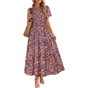 MEROKEETY Women’s Spring Summer Floral Maxi Dresses 2026 Casual Beach Vacation Boho V Neck Short Sleeve Midi Dress Pockets(Purple)