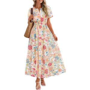 MEROKEETY Women’s Spring Summer Floral Maxi Dresses 2026 Casual Beach Vacation Boho V Neck Short Sleeve Midi Dress Pockets(White)