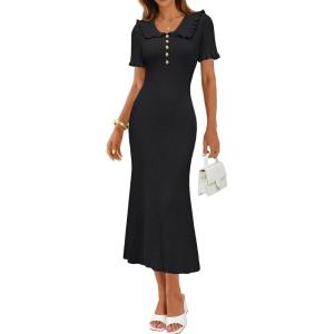 MEROKEETY Womens Spring Summer Ribbed Midi Dress 2026 Bodycon Ruffled Short Sleeve V Neck Button Elegant Knit Sweater Dresses(Black)
