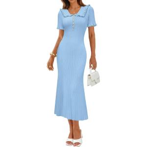 MEROKEETY Womens Spring Summer Ribbed Midi Dress 2026 Bodycon Ruffled Short Sleeve V Neck Button Elegant Knit Sweater Dresses(Blue)