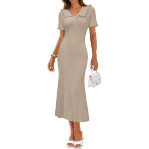 MEROKEETY Womens Spring Summer Ribbed Midi Dress 2026 Bodycon Ruffled Short Sleeve V Neck Button Elegant Knit Sweater Dresses(Khaki)