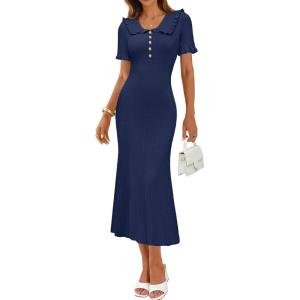 MEROKEETY Womens Spring Summer Ribbed Midi Dress 2026 Bodycon Ruffled Short Sleeve V Neck Button Elegant Knit Sweater Dresses(Navy)