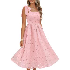 MEROKEETY Women’s Summer Midi Dress 2026 Elegant Square Neck Sleeveless Flowy A Line Casual Beach Vacation Sundress(Pink)