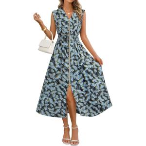 MEROKEETY Women’s Summer Sleeveless Floral Maxi Dress 2026 Boho Casual Flowy Zipper V Neck Split Beach Dresses(Dustyblue)