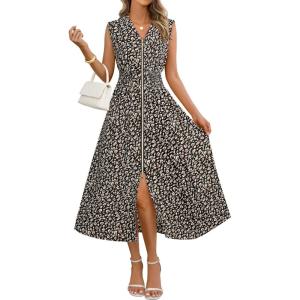 MEROKEETY Women’s Summer Sleeveless Floral Maxi Dress 2026 Boho Casual Flowy Zipper V Neck Split Beach Dresses(Leopard)